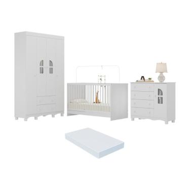 Imagem de Quarto De Bebê Completo Com Berço 3 Em 1 Com Colchão Incluso Aurora Multimóveis MP4568 Branco
