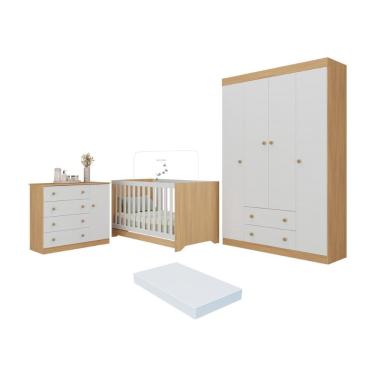 Imagem de Quarto De Bebê Completo Berço Americano 3 Em 1 Colchão Encanto Multimóveis MP4597 Madeirado-branco