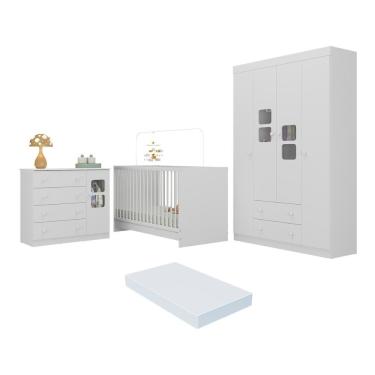 Imagem de Quarto De Bebê Completo Com Berço 3 Em 1 Com Colchão Incluso Brisa Multimóveis MP4533 Branco