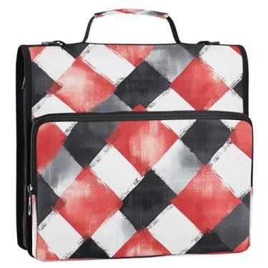 Imagem de Wassud Fichário vermelho e preto guingão com zíper 3 anéis com alça de ombro e alça vários bolsos expansível organizador de pasta de arquivo