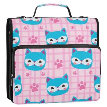 Imagem de Wassud Fichário de gato azul fofo com zíper com 3 anéis com alça de ombro e alça vários bolsos expansível organizador de pasta de arquivo