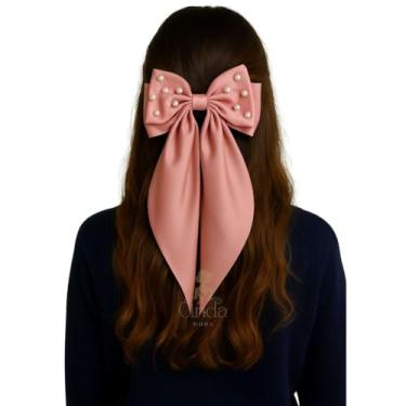 Imagem de Clipe de Cabelo Grande com Laço em Tecido Cetim Premium — Acessório Feminino Clássico e Sofisticado(Rosa com Perolas)