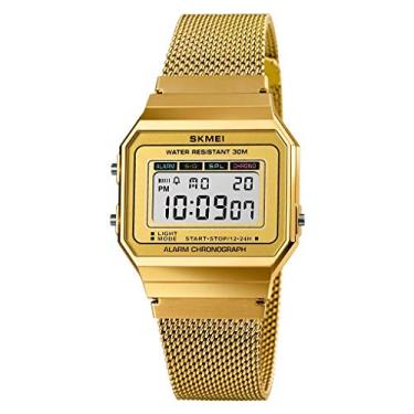 Imagem de Relógios masculinos esportivos digitais de LED com mostrador fino, pulseira de aço inoxidável, à prova d'água, relógio masculino, Dourado, Digital