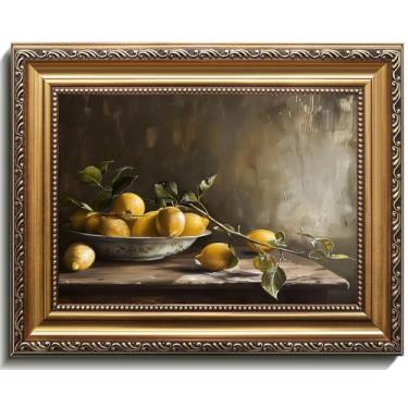 Imagem de Arte de parede vintage emoldurada em ouro, impressão de arte em tela vintage de limão natureza morta pintura vintage de frutas decoração rústica de casa de fazenda para cozinha e jantar, arte de