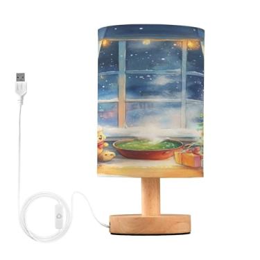 Imagem de Joisal Abajur de mesa de cabeceira de árvore de Natal, abajur de mesa redonda abajur de linho pequeno, decoração de quarto aconchegante