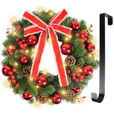 Imagem de Fohil Guirlanda de Natal de 40 cm com 30 luzes de LED, guirlanda de Natal pré-iluminada com 8 modos com pinhas, frutas vermelhas, cabide de metal, guirlanda de Natal operada por bateria para decoração