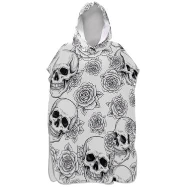 Imagem de Joisal Roupão engraçado caveira rosa branca surfe trocador para toalha de banho com capuz de praia Adul Ponchos de praia de secagem rápida para homens