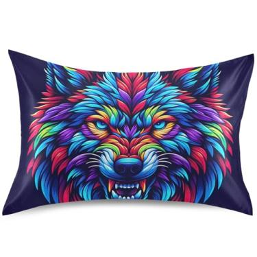 Imagem de Capa de almofada de cetim com estampa animal de lobo neon almofadas padrão queen king capa de almofada macia engraçada para cama, tamanho Queen, 76 cm x 50 cm