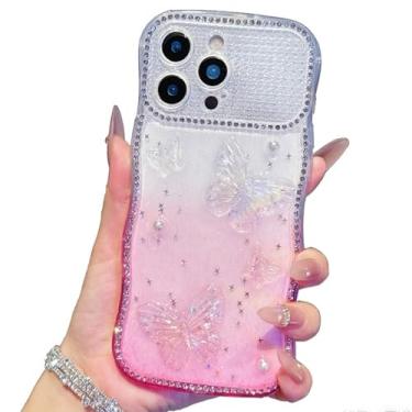 Imagem de IDYStar Capa para iPhone 16 Pro, lindo design de borboleta epóxi 3D com moldura de onda de diamante brilhante, antiamarela, à prova de choque, capa protetora para iPhone 16 Pro de 6,3 polegadas, rosa