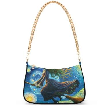 Imagem de Cowboy Rides Cavalo Deserto Linda Bolsa de Ombro Noite Hobo Bolsa Feminina Vintage Bolsa de Ombro Corrente Bonita, Vassoura de bruxa de Halloween estrelada