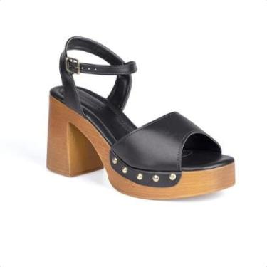 Imagem de Sandália Feminina Salto Grosso Bloco Madeira Tiras Com Tachas-Feminino