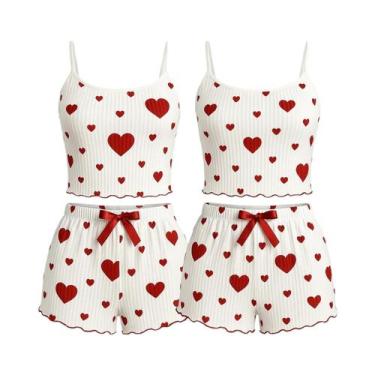 Imagem de Conjunto De Pijama Feminino Com Estampa De Coração, Top Cropped Sem Ma
