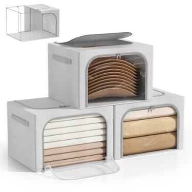 Imagem de Bubimon Pacote com 3 caixas de armazenamento de roupas de 66L com moldura de metal, caixa de armazenamento dobrável para roupas, nylon à prova d'água, caixas de armazenamento de roupas com tampa com