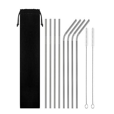 Imagem de Conjunto de Canudos Metal Reutilizáveis Aço Inoxidável com 2 Escovas Limpeza e Saco Armazenamento Grau Alimentar Ambientalmente Amigáveis para Bebidas Frias Cocktail Café Chá Gelado Cappuccino