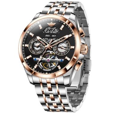 Imagem de OUPINKE Relógio masculino automático, com 5 ponteiros, vários calendários, ano/semana/data, mecânico, 5 ATM, à prova d'água, de aço de tungstênio, cristal de safira, para homens (3251: ouro rosa preto