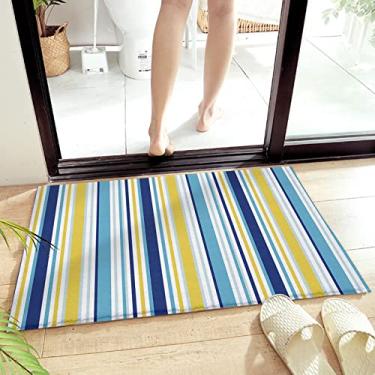 Imagem de FFAFSS Tapete de banheiro listrado azul amarelo tapete de banho, antiderrapante absorvente macio tapete de casa de banho, fazenda azul marinho ombré, tapete lavável para banheira, pia de chuveiro