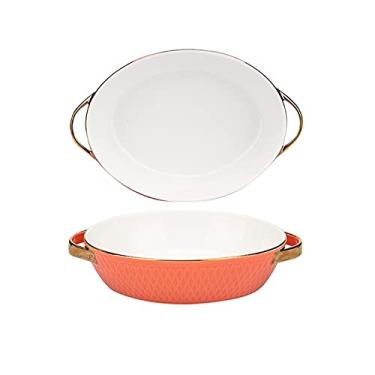Imagem de Conjunto de 2 assadeiras de cerâmica pratos de jantar redondos, assadeira segura para forno com alças prato oval, bandejas de jantar para servir comida (cor: laranja) (laranja)