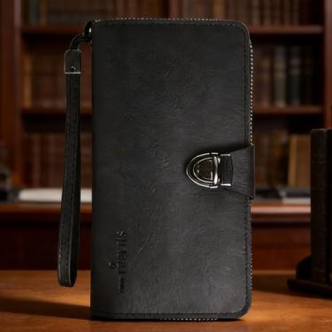 Imagem de Carteira masculina, carteira longa de couro de grande capacidade com botão de pressão e fecho de zíper, organizador seguro com vários compartimentos para cartão de crédito (preto)