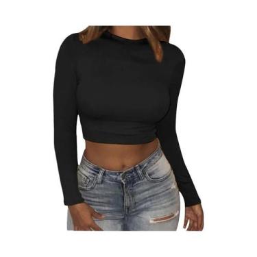 Imagem de Camiseta Feminina De Manga Longa Com Decote Redondo, Top Cropped Bodyc