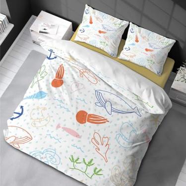 Imagem de Conjunto de capa de cama com estampa de vida oceânica, conjunto de capa de cama com 3 peças, 1 capa de edredom e 2 fronhas 155 x 220 cm -80 x 80 cm x 2 cm