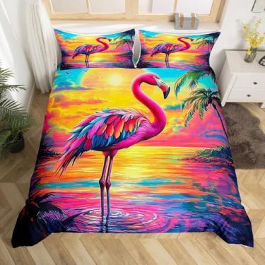 Imagem de Conjunto de capa de edredom de flamingo, tamanho king, palmeiras, pôr do sol, oceano, litoral, romântico, decoração de quarto de meninos e meninas, capa de edredom de animais tropicais selvagens, capa