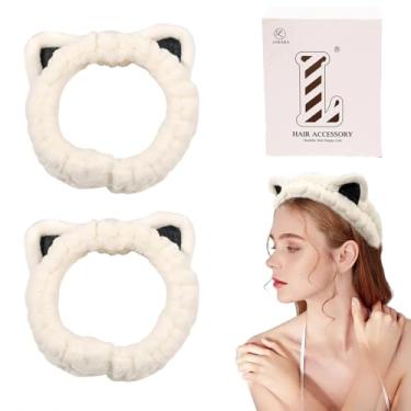 Imagem de Fitas de maquiagem para mulheres – Faixa de cabeça branca para spa, gravata borboleta fofa para lavar o rosto e cuidados com a pele, orelhas de gato fofas, faixa de cabeça de spa para mulheres