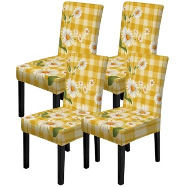 Imagem de ANNA QUEEN Conjunto de 4 capas de cadeira de mármore, capas elásticas, removíveis, laváveis para jantar, fazenda, hotel, festa, casamento, margarida e flores