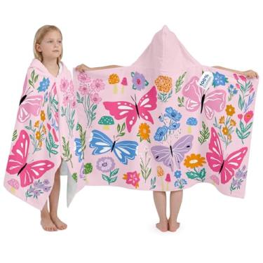 Imagem de Toalha de praia infantil com capuz 100% algodão, tamanho grande 127 x 76 cm com 2 botões, poncho de banho macio e absorvente para banheiro, piscina, natação (jardim de borboletas)