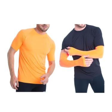 Imagem de Kit Camiseta Curta Masculina e Manguito com Dedo Esportiva Proteção UV50+ Academia Fitness Trygg (GG-G, Laranja Neon)
