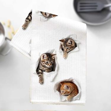 Imagem de Adoráveis toalhas de cozinha de gato, adorável impressão animal absorvente microfibra toalha de prato decorativa toalha de chá, toalhas de mão waffle para cozinha, casa, banheiro, presentes para