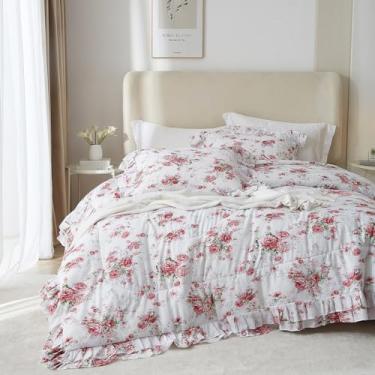 Imagem de VM VOUGEMARKET Conjunto de edredom King com flor de rosa, romântico, de renda, microfibra macia, botânico, 1 edredom com babados e 2 fronhas, leve e confortável