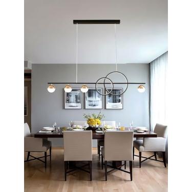 Imagem de Luminária pendente LED moderna com design em anel, dimerizável e controle remoto, altura ajustável. Luminária suspensa com LED em formato de bola creme, ideal para sala de jantar e escritóri