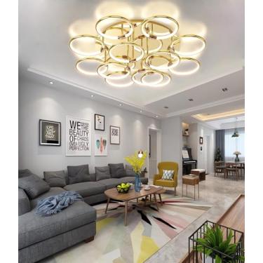 Imagem de Luminária de teto LED moderna dourada, com intensidade regulável, ideal para sala de estar, com acabamento em galvanoplastia e controle remoto. Economiza energia e é perfeita para quartos e