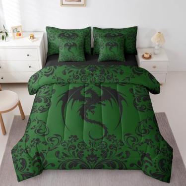 Imagem de Jogo de cama King com dragão damasco, 7 peças, boêmio, preto, verde escuro, gótico, floral, dragão, floral, exótico, para crianças, adultos, retrô, barroco, gótico, conjunto de cama