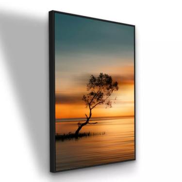 Imagem de Quadro Canvas Árvore Pôr Do Sol Na Água 120x80 cm com Moldura Preta
