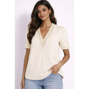 Imagem de Blusa Feminina Decote V com Renda Manga Curta
