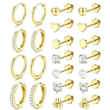 Imagem de Incaton Brincos de argola hipoalergênicos banhados a ouro 14K para mulheres e homens, aço inoxidável cirúrgico, costas planas, conjunto de brincos de cartilagem para várias joias de piercing, Small