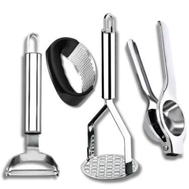 Imagem de Kit 4 Peças Cozinha Inox Espremedor de Alho e Limão, Descascador de Legumes 2/1 Amassador de Batata Aço Inox