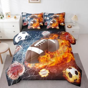Imagem de Erosebridal Jogo de cama de solteiro esportivo com 7 peças, para meninos, futebol, beisebol, basquete, futebol, água, fogo, relâmpago, decoração de quarto esportivo