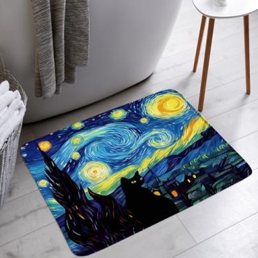 Imagem de HWSSHW Noite estrelada gato preto tapete de banho engraçado moderno arte abstrata pintura a óleo gatinho fantasia microfibra espuma memória decoração banheiro tapetes para cozinha quarto
