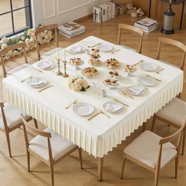 Imagem de Toalhas de mesa de elastano marfim para mesas quadradas de 152 x 152 cm, roupas de mesa elásticas com saia plissada com babados para mesa de 152 cm, sem rugas e elásticas, para festa, cozinha, casa