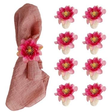 Imagem de Getfitsoo Conjunto de 8 anéis de guardanapo de flor de dália, anéis de guardanapo florais feitos à mão com fivelas de juta para o dia dos namorados, casamento, jantares, decoração de mesa de festas de