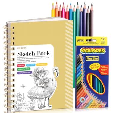 Imagem de Caderno de esboço com conjunto de 12 lápis de cor, caderno de esboço espiral de 90 folhas para desenho (30,8 kg/100 gsm), bloco de esboço sem ácido para artista, materiais de desenho de papel de arte