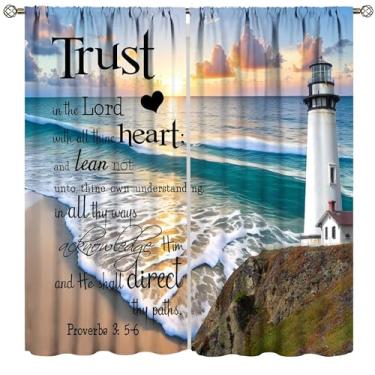 Imagem de Cortina de praia oceânica, citações inspiradoras de farol de verão, cortinas modernas para quarto, sala de estar, tratamento de janela, conjunto de 2 painéis, tamanho total 106,6 cm L x 137,2 cm C