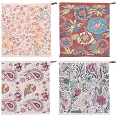 Imagem de Pacote com 4 toalhas de chá para cozinha pano de mão de algodão toalha de prato com laço de pendurar pano decorativo absorvente com padrão de flores 38 × 40 cm (B)
