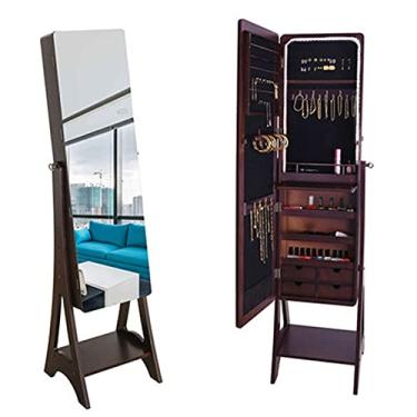 Imagem de Armário de joias espelho de molho de chão espelho de molho simples de corpo inteiro luz LED quarto doméstico cosméticos armário de armazenamento de joias (cor: marrom tamanho: 156 x 38 x 40 cm)