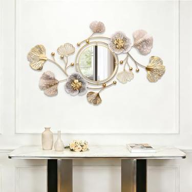 Imagem de JXQXYN Espelho de parede grande, espelhos de parede decorativos, design de folha de flor de ginkgo de metal 3D, pendurado em vários ângulos, para decoração de parede de sala de estar, entrada ou
