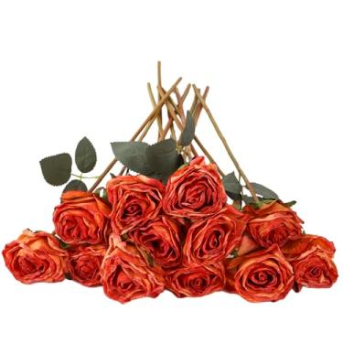Imagem de Kimura's Cabin Flores artificiais vintage rosa 12 peças de rosas falsas de aparência real com hastes para mesa de centro de casa, arranjos de decoração de festa de casamento (laranja)