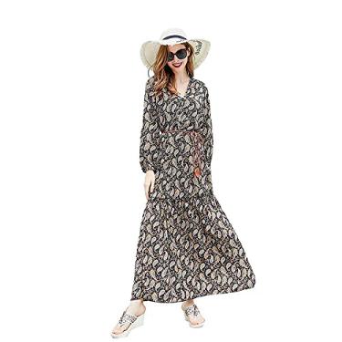 Imagem de 3FLQOOPP Conjuntos de vestidos maxi casuais vintage boho roupas femininas plus size vestido feminino solto castanha de caju roupão primavera (cinza 2X)