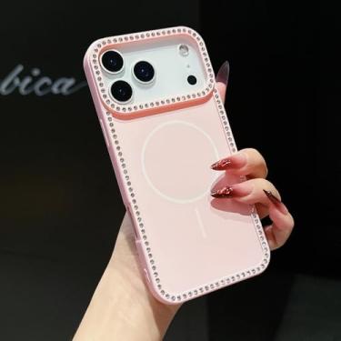 Imagem de Capa magnética de luxo com moldura de diamantes brilhantes para iPhone Air 16 15 14 Plus 13 12 11 Pro Max (para iPhone 12 Pro Max/Rosa)